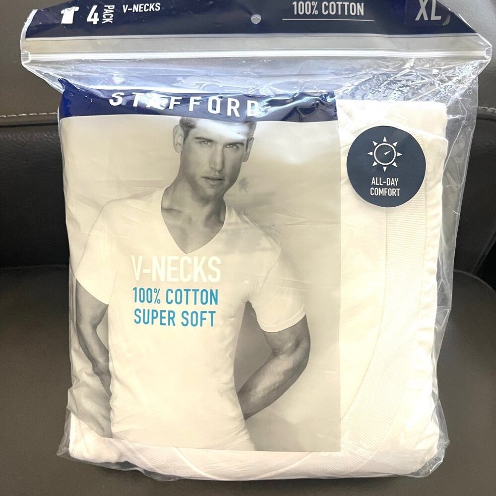 New Pack of 4 Stafford V-Neck Men's Cotton T-shirts - XL